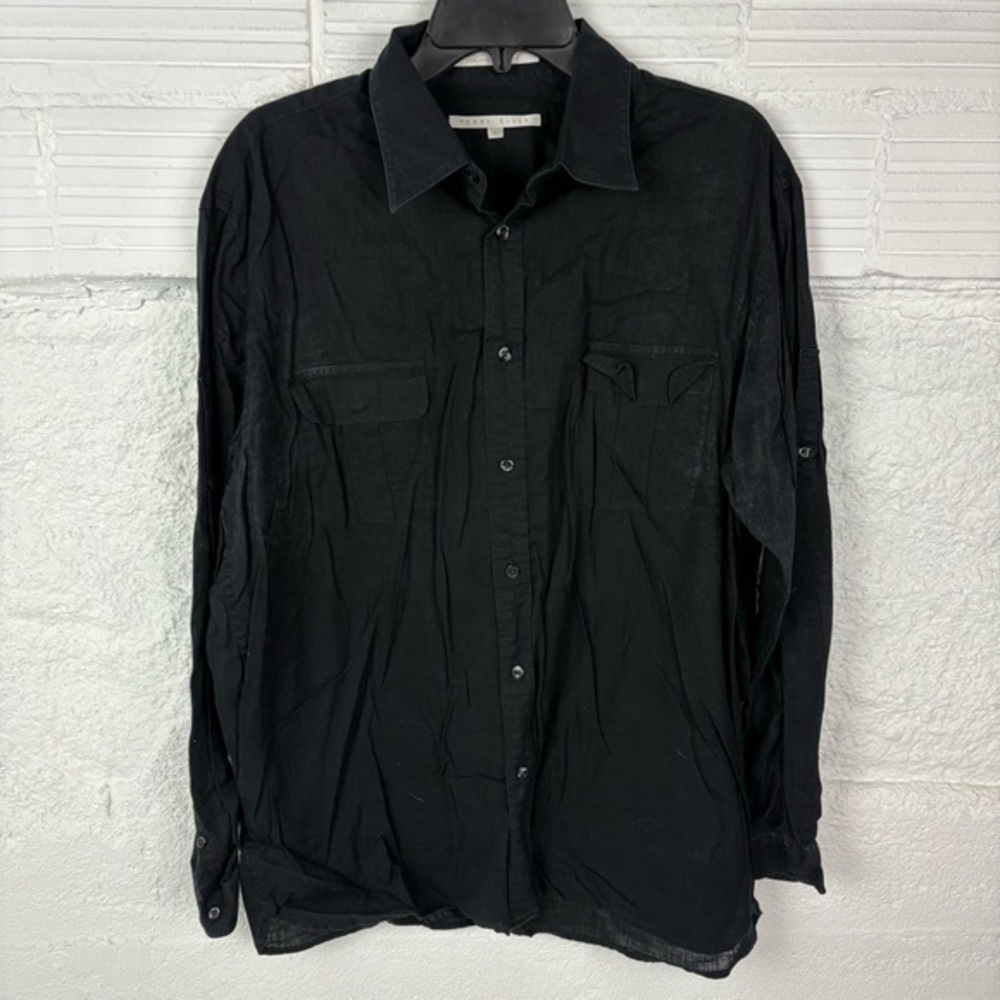 PERRY ELLIS black linen cotton lightweight pocket front button up shirt SZ XL